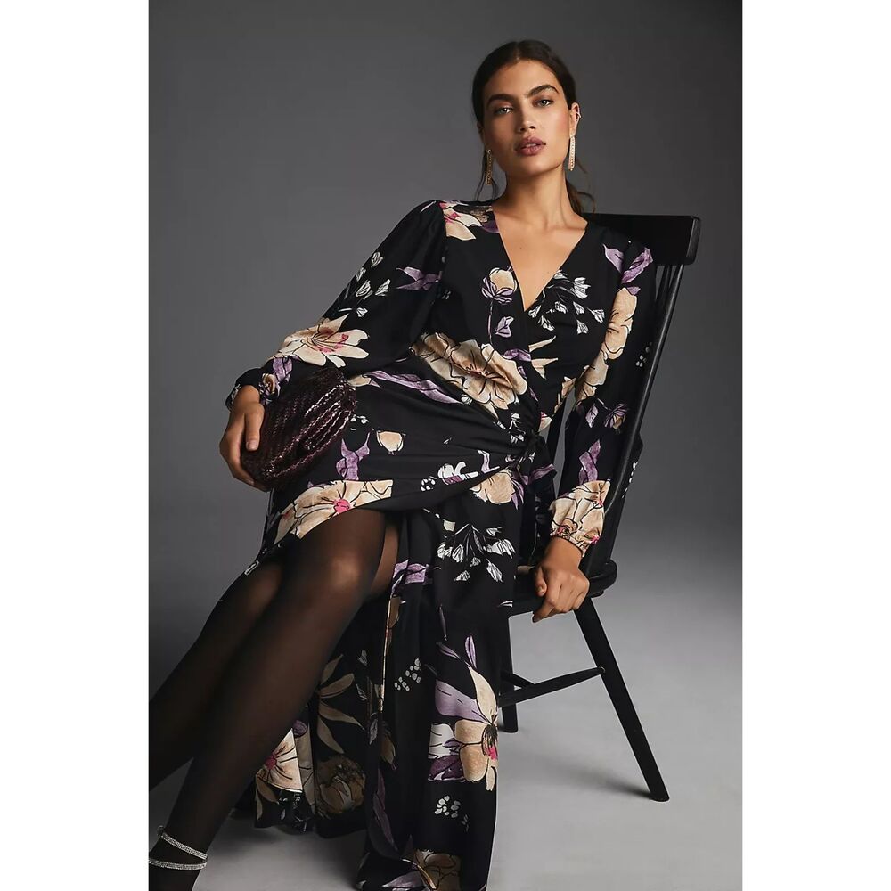 Anthropologie NWT NEW Hutch Long-Sleeve Wrap Dress black floral size large
